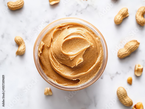 Smooth peanut butter spread in a jar surrounded by peanuts and cashews on a marble surface.
