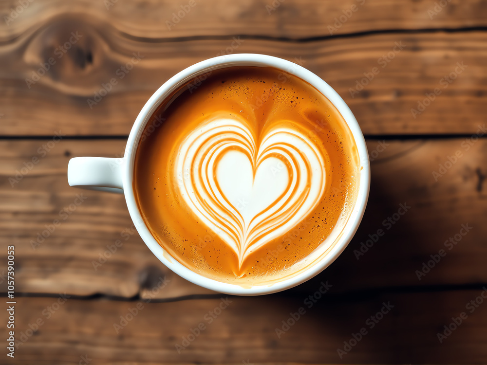 latte art of heart, cup on wooden table latte art of heart, cup on wooden table