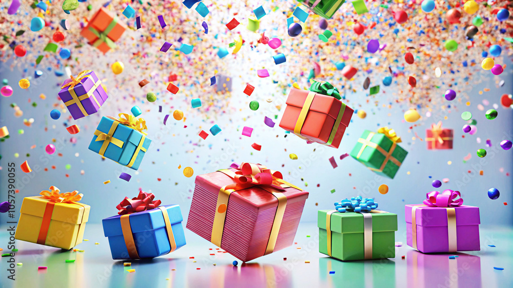 Colourful gift boxes with confetti flying and falling With Copy space for text. Colourful gift boxes with confetti flying and falling With Copy space for text.