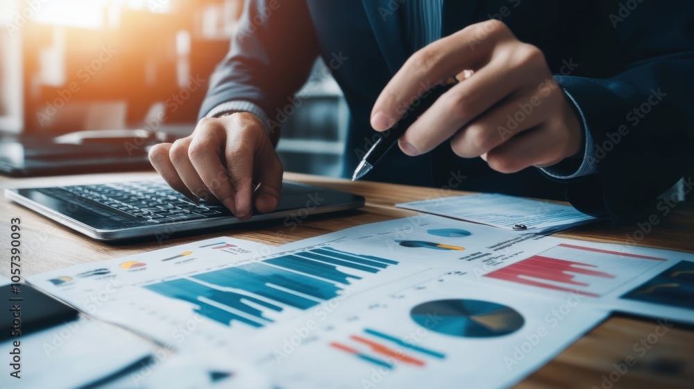 Close-up of businessman analyzing financial graphs and charts with pen and laptop on wooden desk Close-up of businessman analyzing financial graphs and charts with pen and laptop on wooden desk