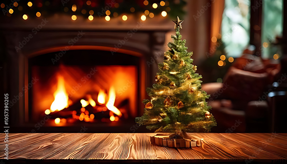 christmas tree standing wooden table front fireplace christmas tree standing wooden table front fireplace
