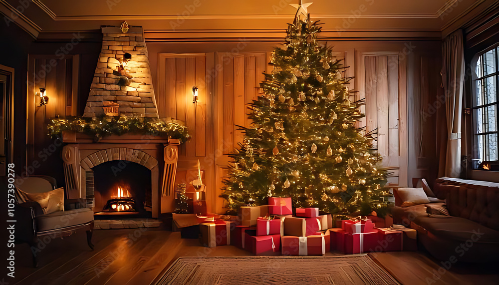 Fototapeta premium christmas tree near fireplace gifts twinkling lights creates warm inviting atmosphere
