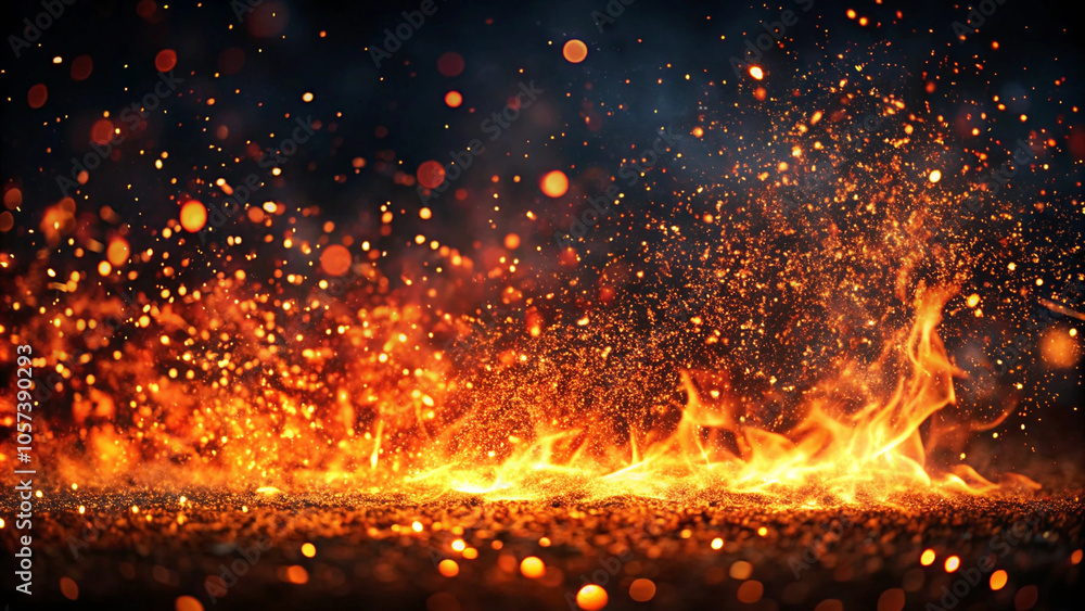 Fire embers particles over black background. Fire sparks background. Abstract dark glitter fire particles lights. Fire embers particles over black background. Fire sparks background. Abstract dark glitter fire particles lights.