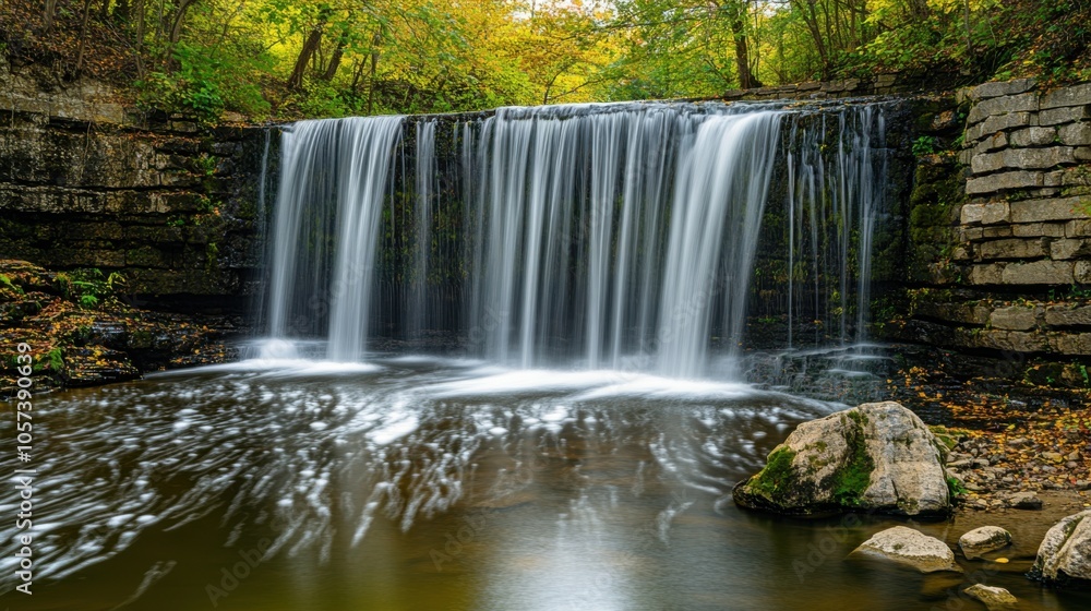 Picturesque limestone waterfall, with cascading water, surrounded Picturesque limestone waterfall, with cascading water, surrounded