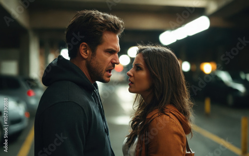 A man and a woman arguing in a parking lot.