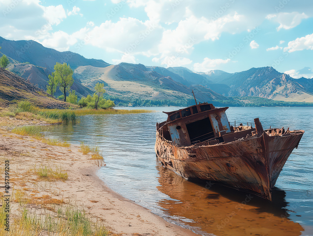 Rustic shipwreck on a serene lake shore amidst stunning mountainous landscape. Rustic shipwreck on a serene lake shore amidst stunning mountainous landscape.