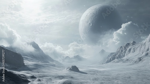 Surreal dreamspace landscape captures an imaginative setting with mountains, moons, and planets, creating a unique production concept and ample copy space for creative use. photo