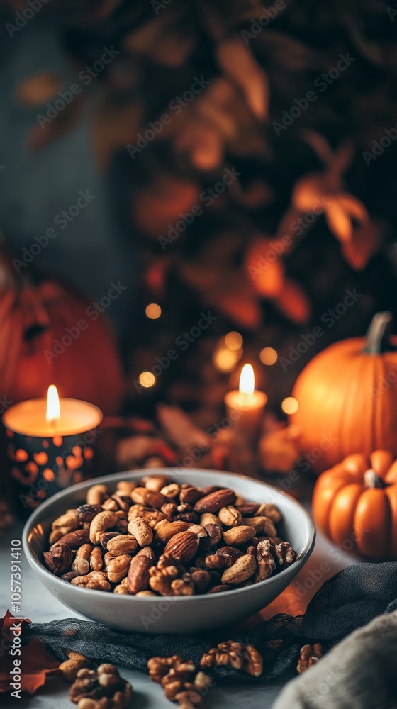 Halloween-Themed Table Setting with Mixed Nuts, Candles, and Pumpkins - AI generated illustration. Halloween-Themed Table Setting with Mixed Nuts, Candles, and Pumpkins - AI generated illustration.