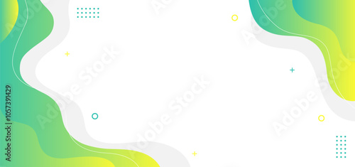 A white background with a green and yellow wave. The wave is made up of circles and squares