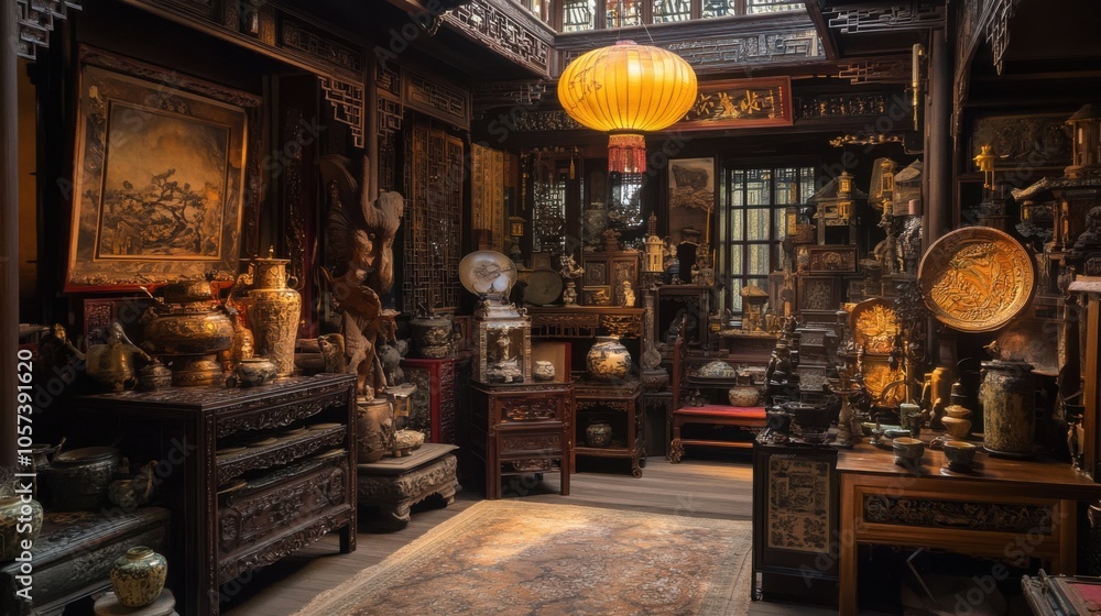 Poster of a traditional Chinese-style home, with an intricate Poster of a traditional Chinese-style home, with an intricate