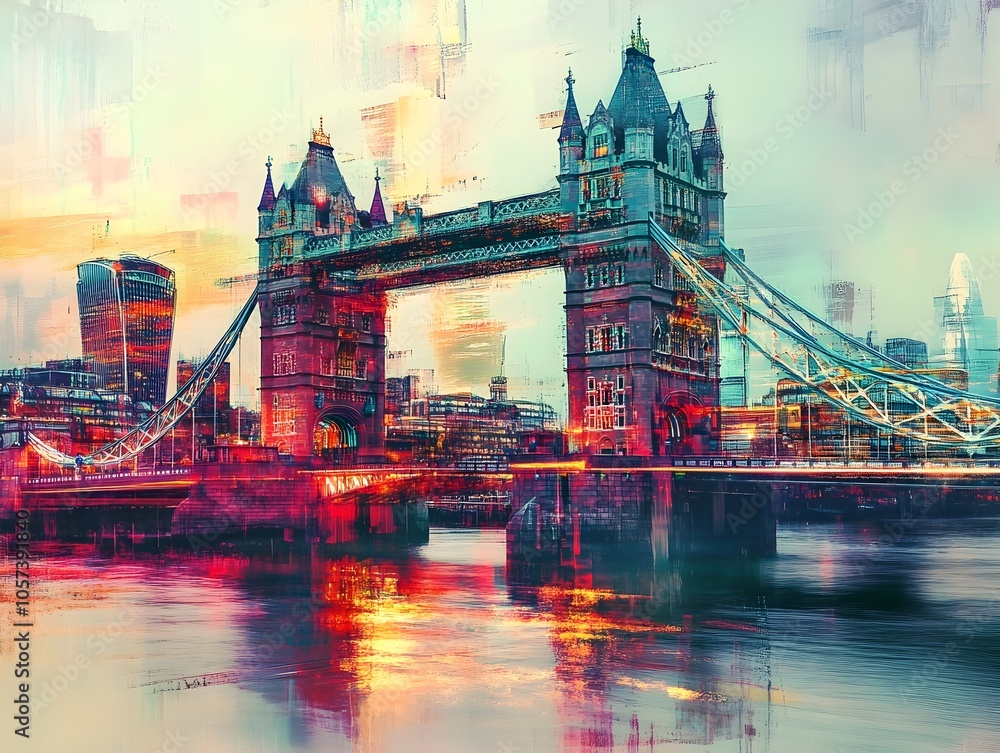 Obraz premium Iconic London Tower Bridge Digitally Corrupted in Glitch Art Style Reflecting Blended Real and Virtual Worlds