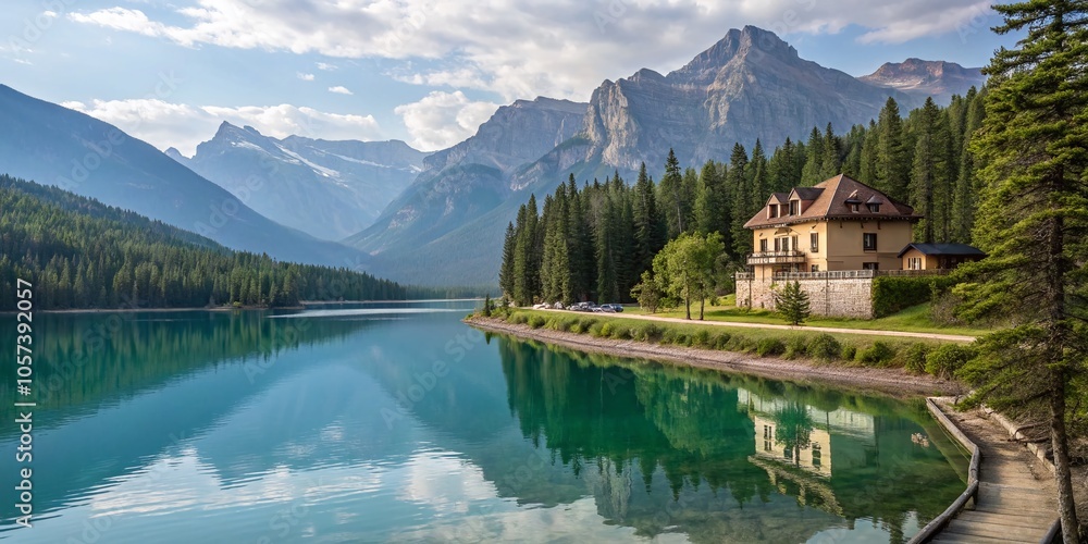 Naklejka premium Serene Lakeside Mountain Retreat - Stunning Architectural Photography of Nature's Beauty