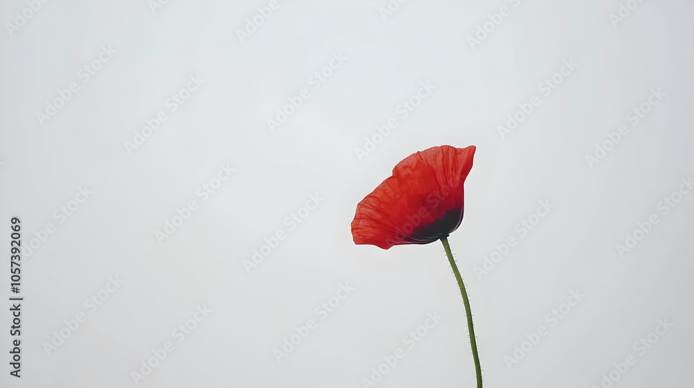 A single red poppy flower stands gracefully against a pale background. A single red poppy flower stands gracefully against a pale background.