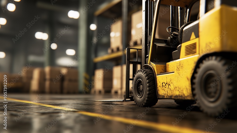 Forklift Working in Warehouse with Stacked Boxes Forklift Working in Warehouse with Stacked Boxes