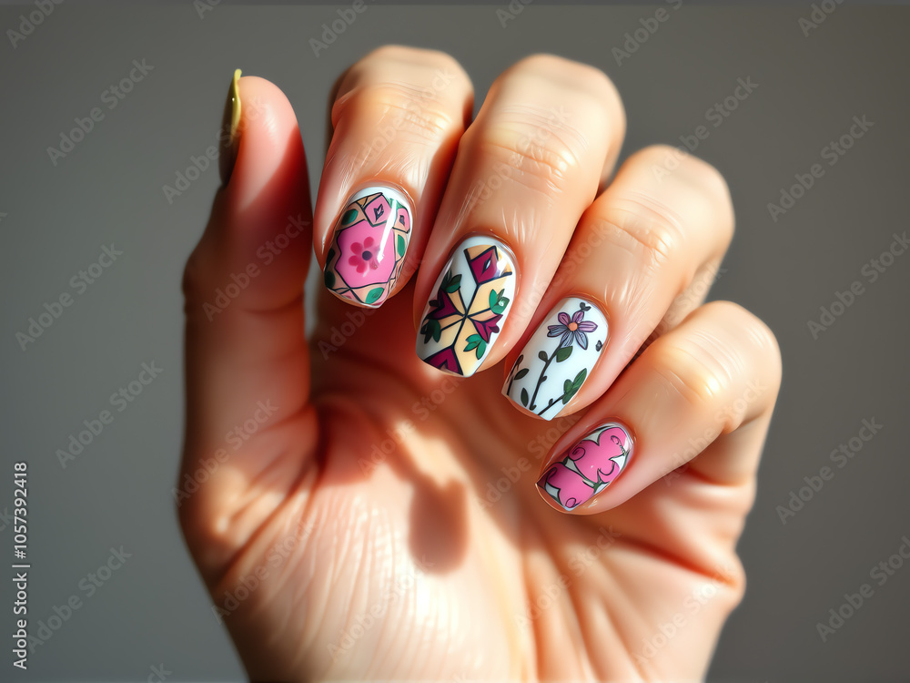 close-up of manicure, featuring an eye-catching and colorful nail design that highlights creativity and style close-up of manicure, featuring an eye-catching and colorful nail design that highlights creativity and style