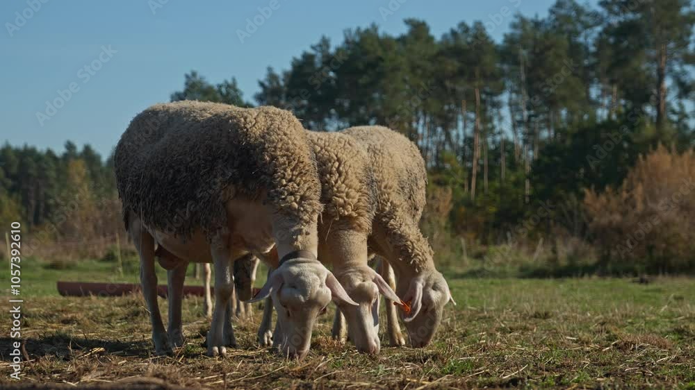 Purebred French Lacaune dairy sheep and ewes with livestock tags nibbling and eating grass on a rural pasture. Breeding sheep in agriculture for milk. Grazing and feeding livestock on the farm. Purebred French Lacaune dairy sheep and ewes with livestock tags nibbling and eating grass on a rural pasture. Breeding sheep in agriculture for milk. Grazing and feeding livestock on the farm.