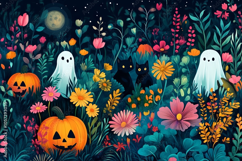 Whimsical Halloween Garden with Pumpkins and Cats - AI generated illustration Whimsical Halloween Garden with Pumpkins and Cats - AI generated illustration