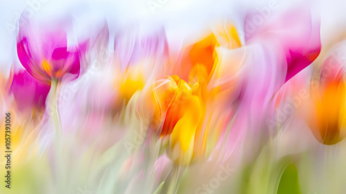 A vibrant, blurred image of colorful tulips in a field, creating a dreamy floral effect.