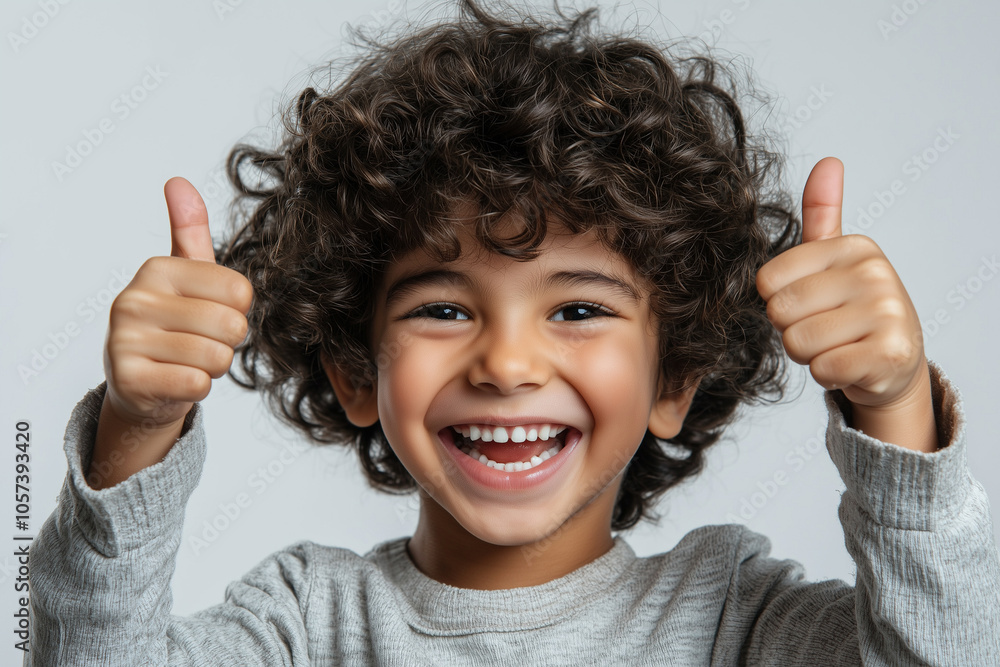 Happy young boy with curly hair giving thumbs up, expressing joy and positivity. His bright smile radiates enthusiasm and confidence, making image uplifting and engaging Happy young boy with curly hair giving thumbs up, expressing joy and positivity. His bright smile radiates enthusiasm and confidence, making image uplifting and engaging