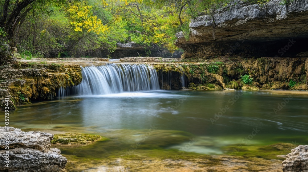 Serene limestone waterfall, crystal-clear water flowing over smooth Serene limestone waterfall, crystal-clear water flowing over smooth