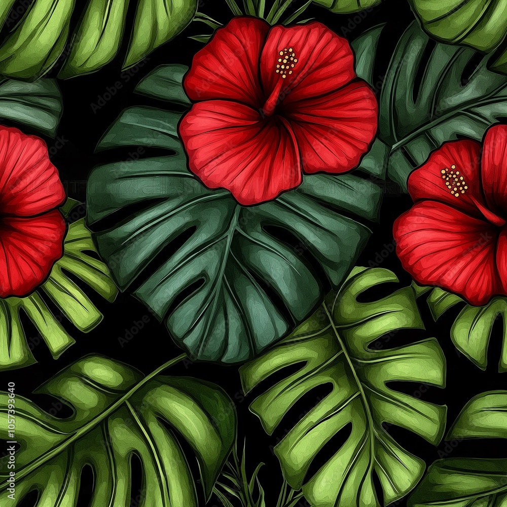 custom made wallpaper toronto digitalHibiscus flowers with lush green leaves on a dark background, vibrant botanical design.