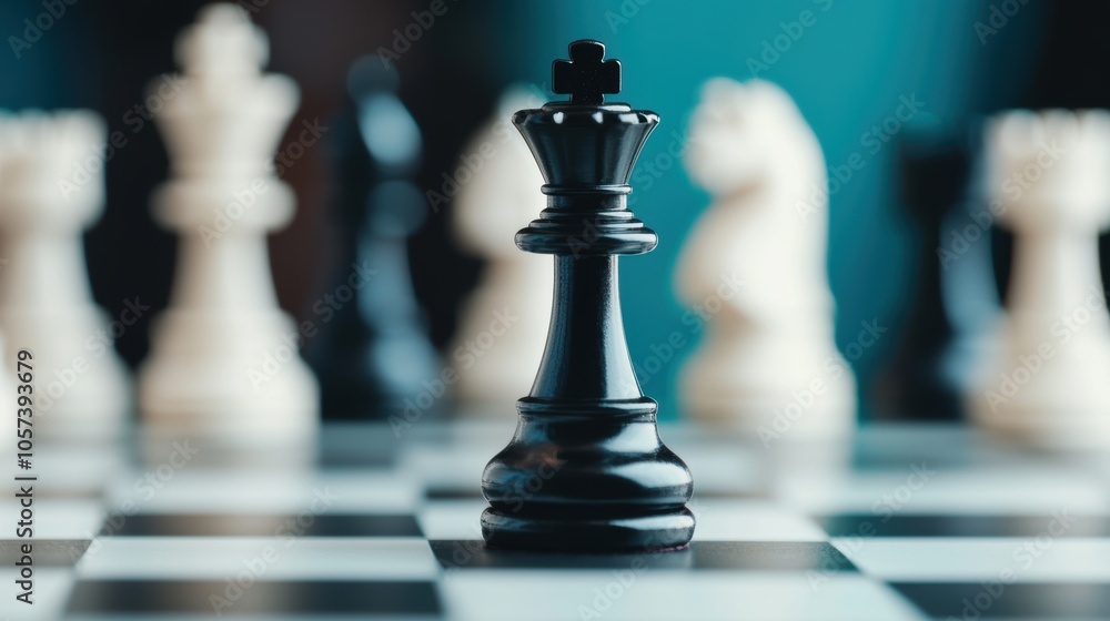 Black chess king piece on chessboard surrounded by white chess pieces Black chess king piece on chessboard surrounded by white chess pieces