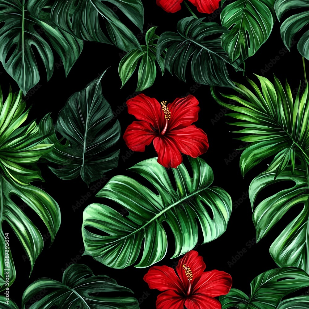 Tropical leaves and red hibiscus flowers on a black background. Tropical leaves and red hibiscus flowers on a black background.