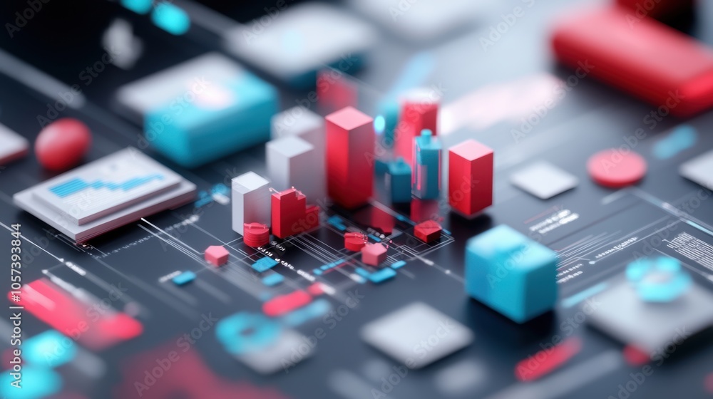 Abstract 3D data visualization with red and blue geometric shapes on a dark background. Abstract 3D data visualization with red and blue geometric shapes on a dark background.