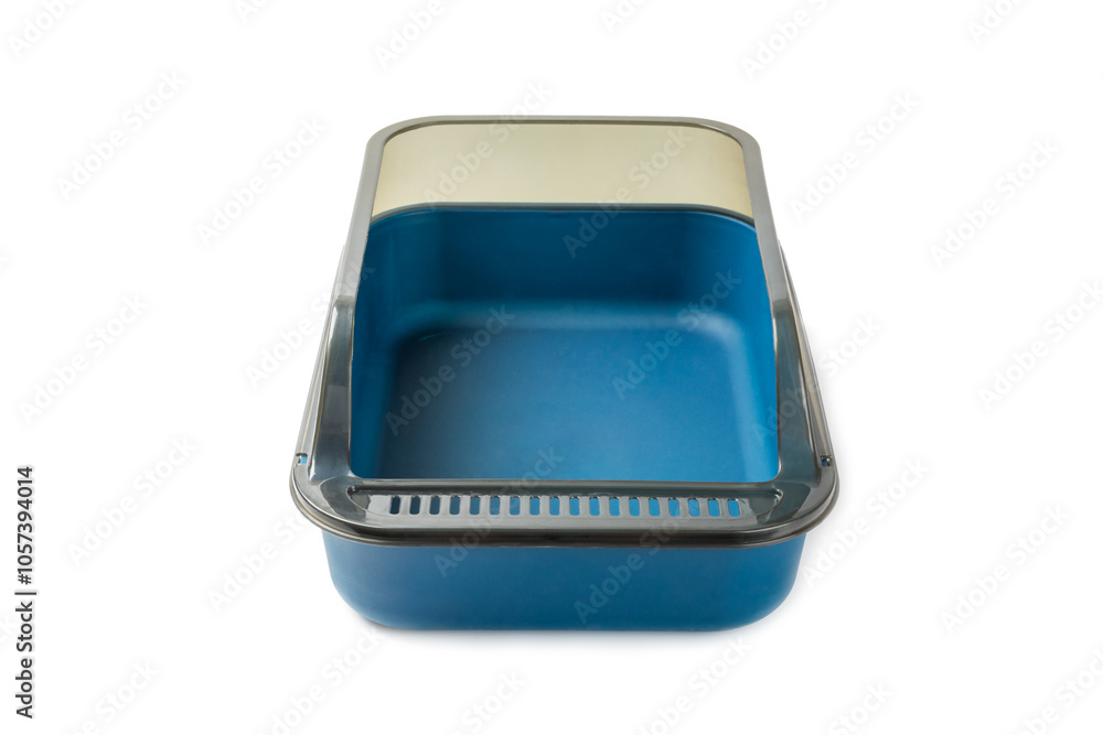Toilet tray isolated on white background. Toilet for pets. Caring for animals. Cat litter box. The cat is in the toilet. Toilet tray isolated on white background. Toilet for pets. Caring for animals. Cat litter box. The cat is in the toilet.