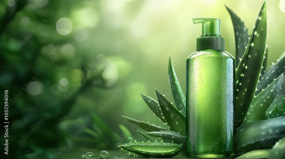 Shampoo bottle with aloe vera leaf design, realistic lighting, Shampoo bottle with aloe vera leaf design, realistic lighting,