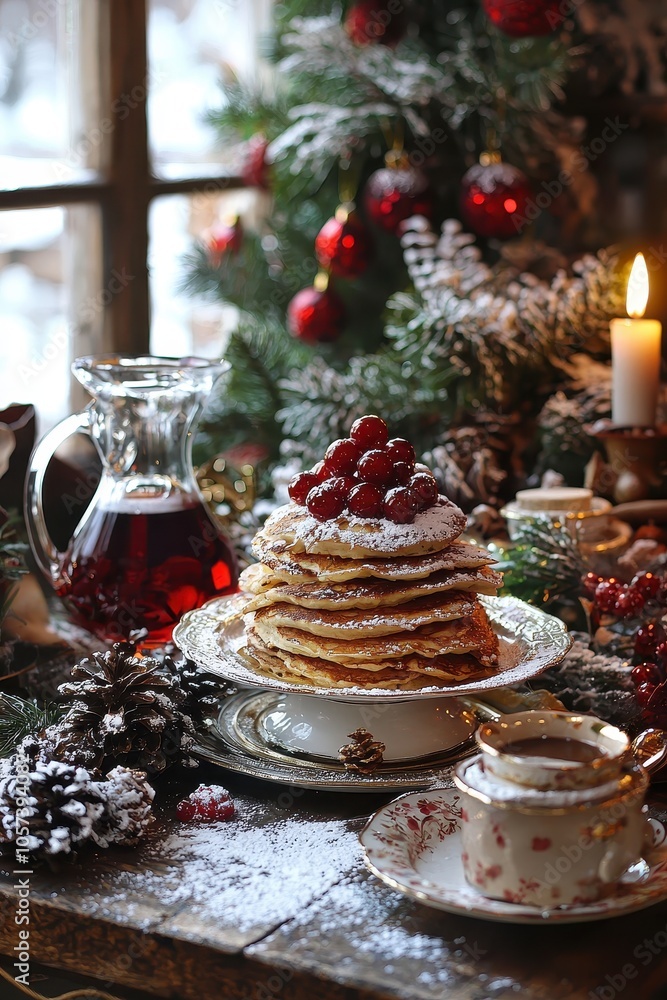 Naklejka premium New Year's pancakes and decorations on the table. Selective focus