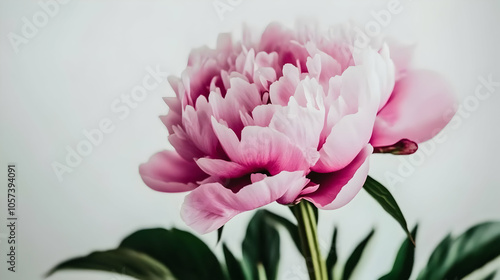 A close-up of a pink peony flower showcasing its delicate petals and green leaves.