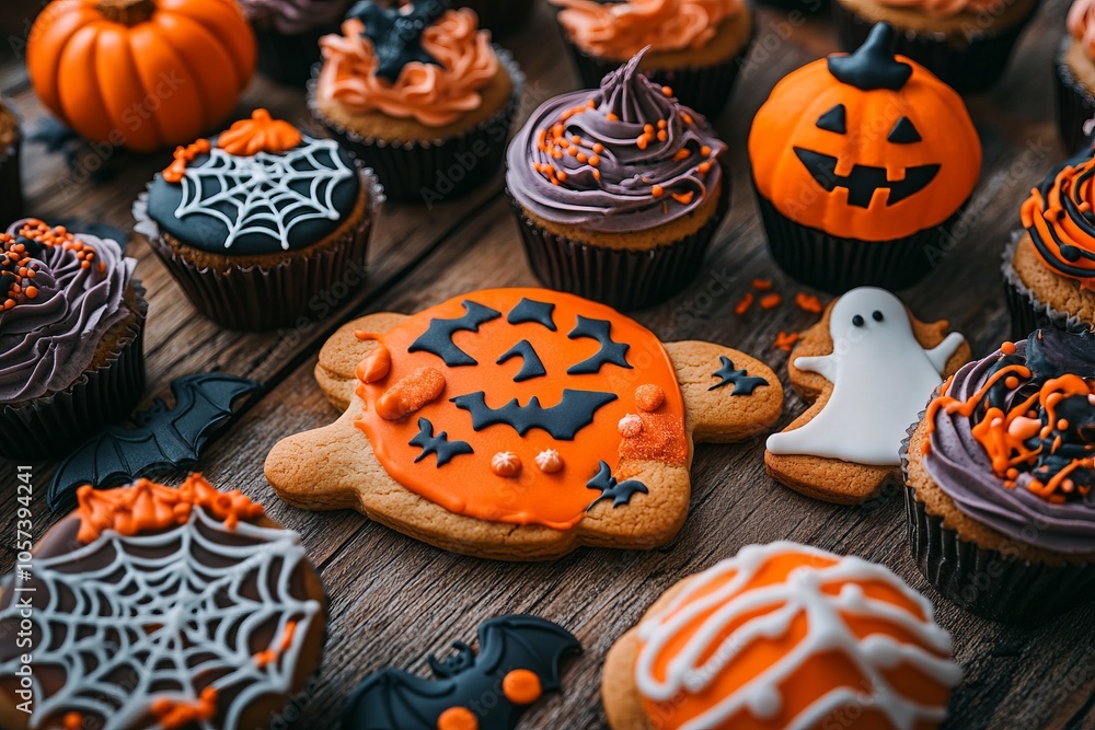 Halloween-themed cookies and cupcakes with spooky designs, AI generated illustration Halloween-themed cookies and cupcakes with spooky designs, AI generated illustration
