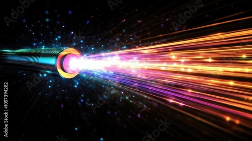 Glowing fiber optic laser diode represents an advanced science technology concept, highlighting the potential for high-speed connections. Photo style includes ample copy space.