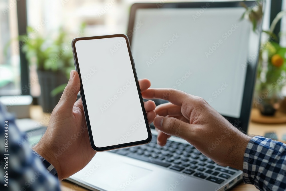Man Using Smartphone with Laptop in Background Man Using Smartphone with Laptop in Background