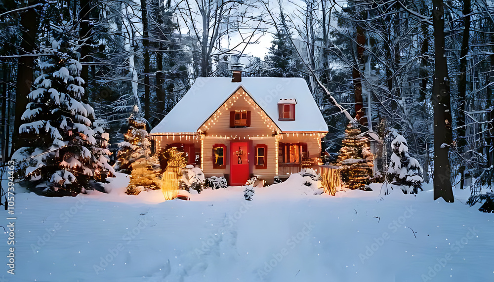 holiday decorations line snowy christmas house quiet winter forest surrounded trees holiday decorations line snowy christmas house quiet winter forest surrounded trees