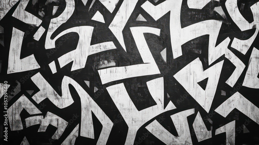 Abstract black and white graffiti-style artwork with dynamic shapes and lines. Abstract black and white graffiti-style artwork with dynamic shapes and lines.
