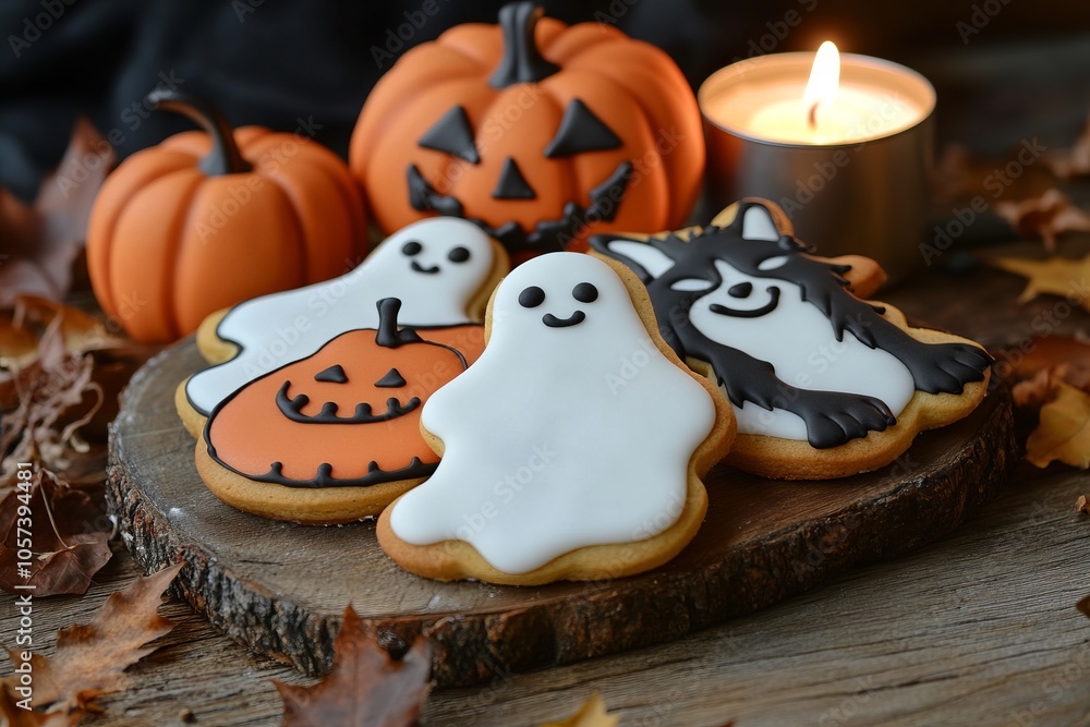Cozy Halloween-themed cookies shaped like pumpkins, ghosts, and werewolves, AI generated illustration Cozy Halloween-themed cookies shaped like pumpkins, ghosts, and werewolves, AI generated illustration