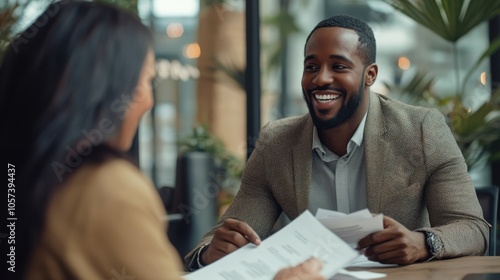 Smiling insurance agent and client working together on paperwork