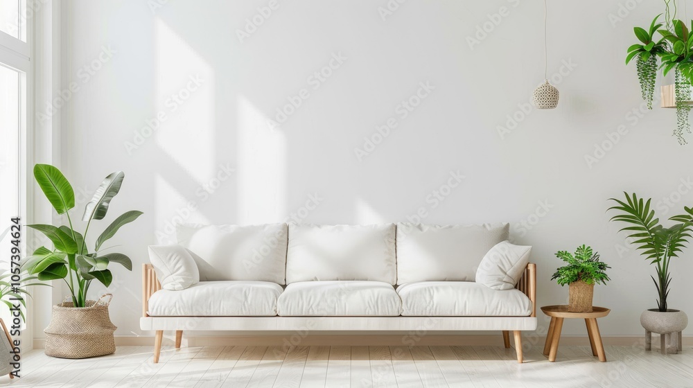 Naklejka premium Bright living room interior with fresh plants and simple decoration, suitable for adding a sofa