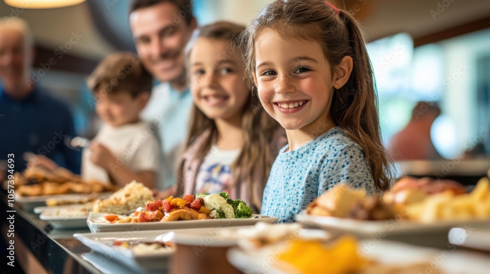 Smiling siblings at a hotel buffet breakfast, with their parents Smiling siblings at a hotel buffet breakfast, with their parents