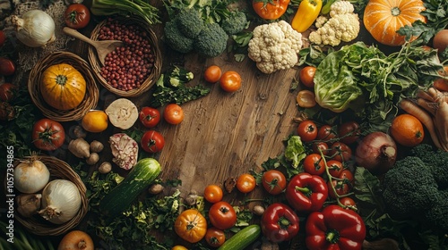 Variety of fresh vegetables on rustic wooden table