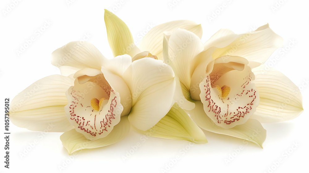 Two elegant white orchids with delicate petals and intricate details. Two elegant white orchids with delicate petals and intricate details.