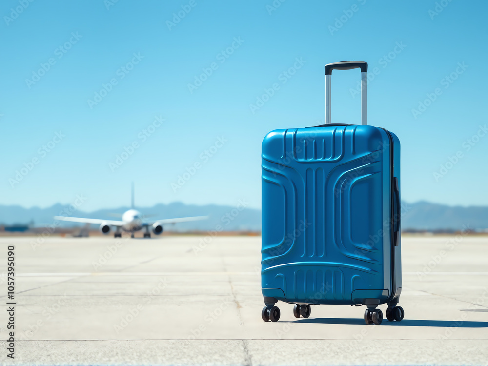blue suitcase rests on the tarmac, with an airplane visible in the background, ready for travel blue suitcase rests on the tarmac, with an airplane visible in the background, ready for travel