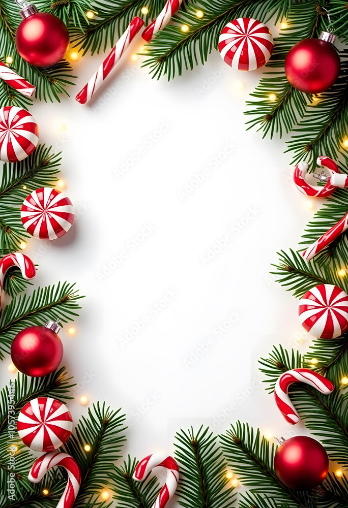 Festive Christmas composition featuring green fir branches, red and white striped ornaments, pine cones, and a soft string of lights on a clean white background. Perfect for creating a holiday mood Festive Christmas composition featuring green fir branches, red and white striped ornaments, pine cones, and a soft string of lights on a clean white background. Perfect for creating a holiday mood