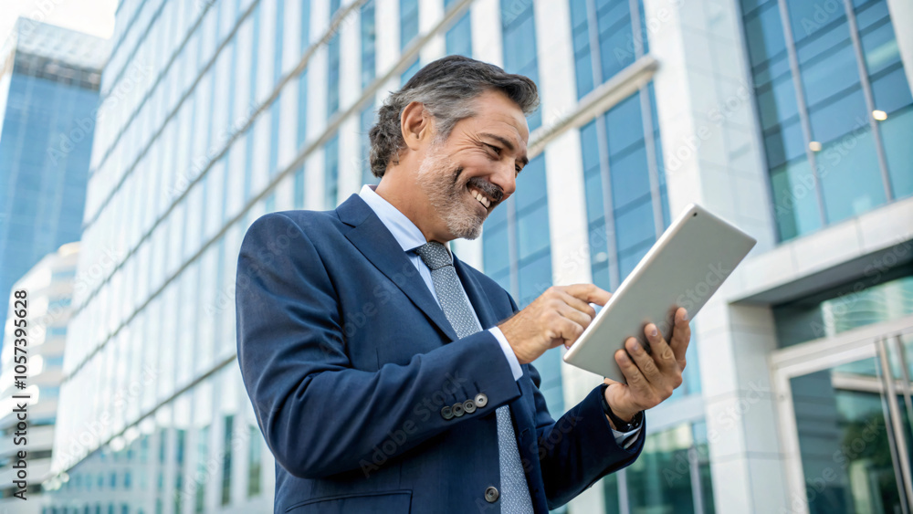 businessman smiles while using tablet outdoors in modern urban setting. He is dressed in formal suit, showcasing professional demeanor businessman smiles while using tablet outdoors in modern urban setting. He is dressed in formal suit, showcasing professional demeanor
