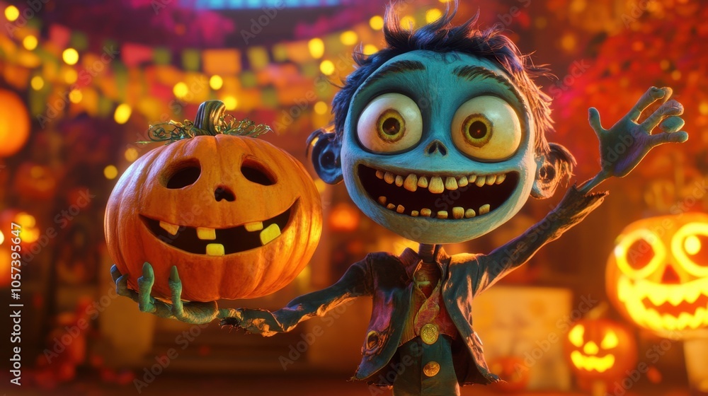 Cute cartoon zombie with exaggerated features and a big smile, happily holding a pumpkin, set against a vibrant Halloween backdrop