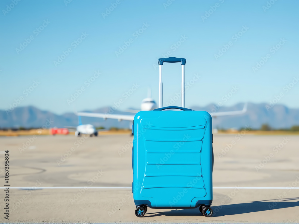 blue suitcase sits on the tarmac, with an airplane in the background, representing the journey ahead blue suitcase sits on the tarmac, with an airplane in the background, representing the journey ahead