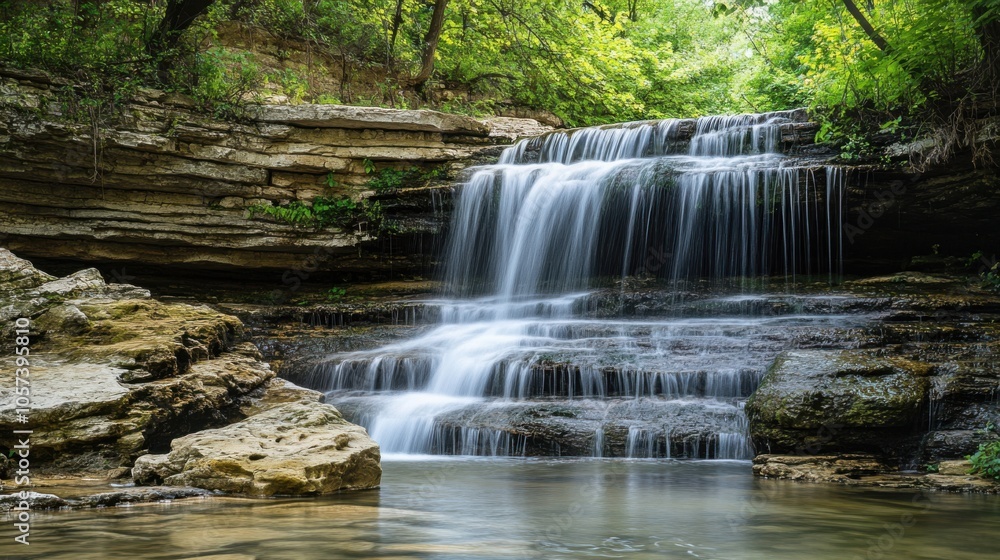 Stunning limestone waterfall, crystal-clear water flowing over layered rocks, Stunning limestone waterfall, crystal-clear water flowing over layered rocks,