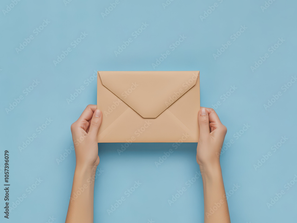 Hands holding a brown envelope against a vibrant blue background. Hands holding a brown envelope against a vibrant blue background.
